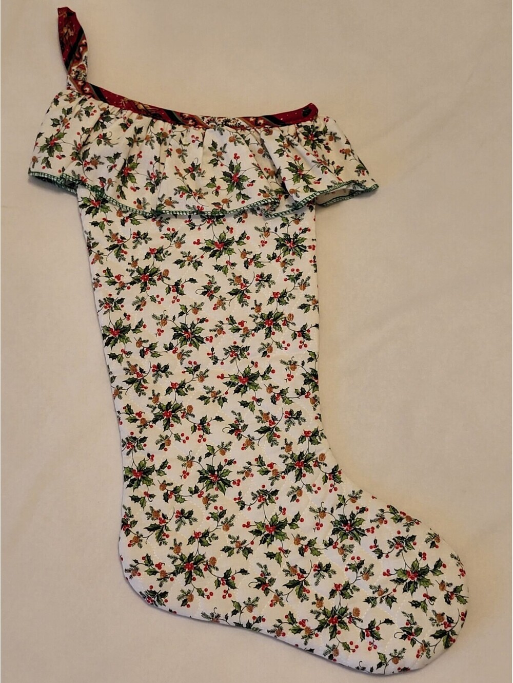 Vintage Handmade White Christmas Stocking Holiday Holly Pinecones Ruffles 22”
